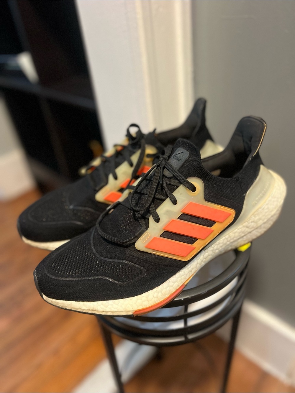 adidas size 11.5 men  UltraBoost Boost Cushioned Low Top Lace-Up Black/Orange